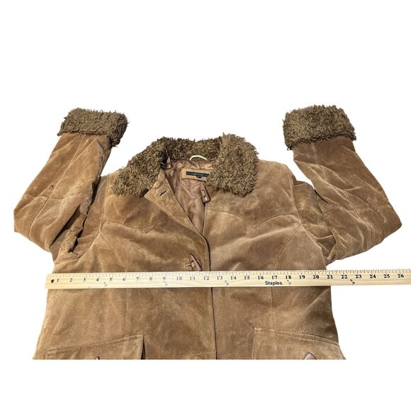Vintage Suburbia Leather Suede Shearling Trim Coat Womens Xl Brown Toggle Button - Picture 12 of 14